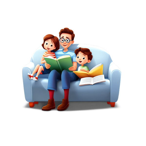 沙发上看书的爸爸和孩子