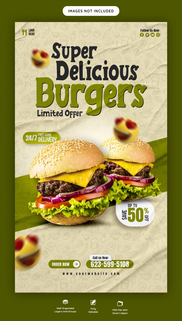 汉堡美食竖版折扣海报