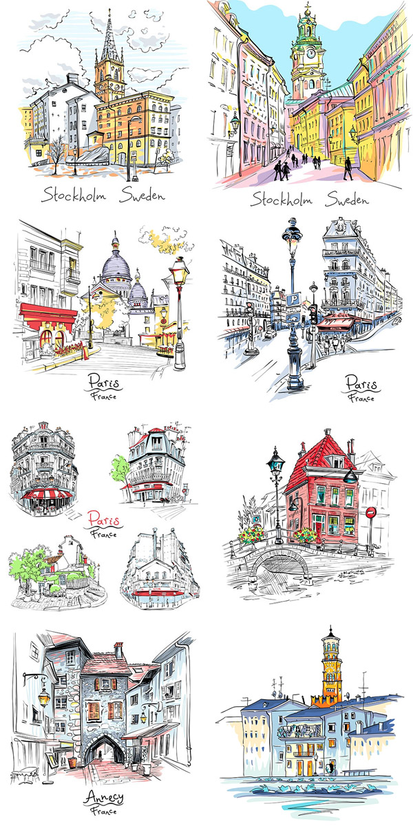 10点关键词:手绘风格城市建筑物插画主题矢量图,插画,绘画,城市,建筑