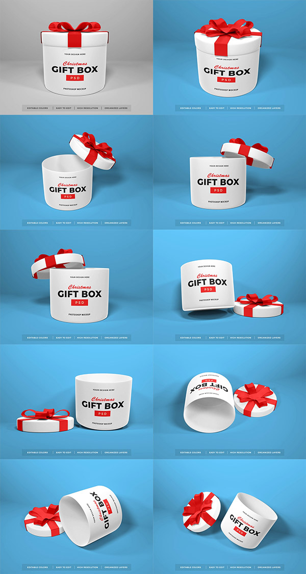 10个多角度圣诞节礼品盒设计展示贴图样机,礼品盒样机,圣诞礼盒样机