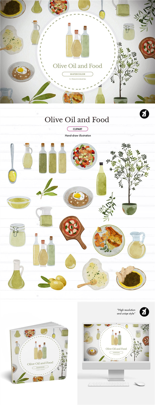 榄油和主菜水彩插图