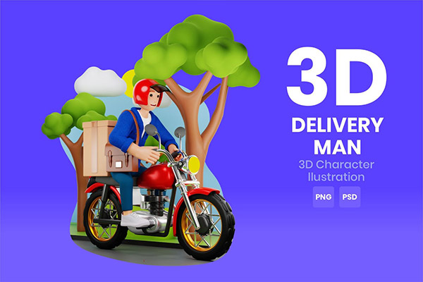摩托车送货骑手3D插画