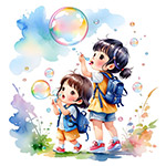  Children blowing bubbles in watercolor wind